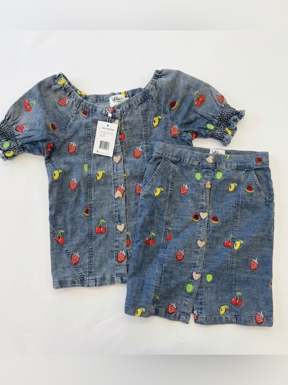 Lola + The Boys NWT Fruit Embroidered Pearl Heart Denim Skirt Set 12